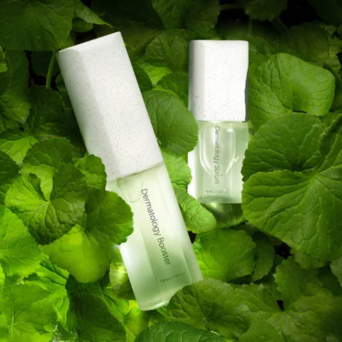 Cosméticos coreanos Incellderm en UFEMME México: booster y suero facial sobre hojas verdes naturales.