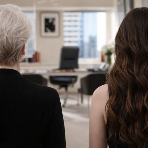 Vista trasera de dos mujeres profesionales de moda, una rubia y una castaña, mirando hacia una oficina moderna de alto nivel.