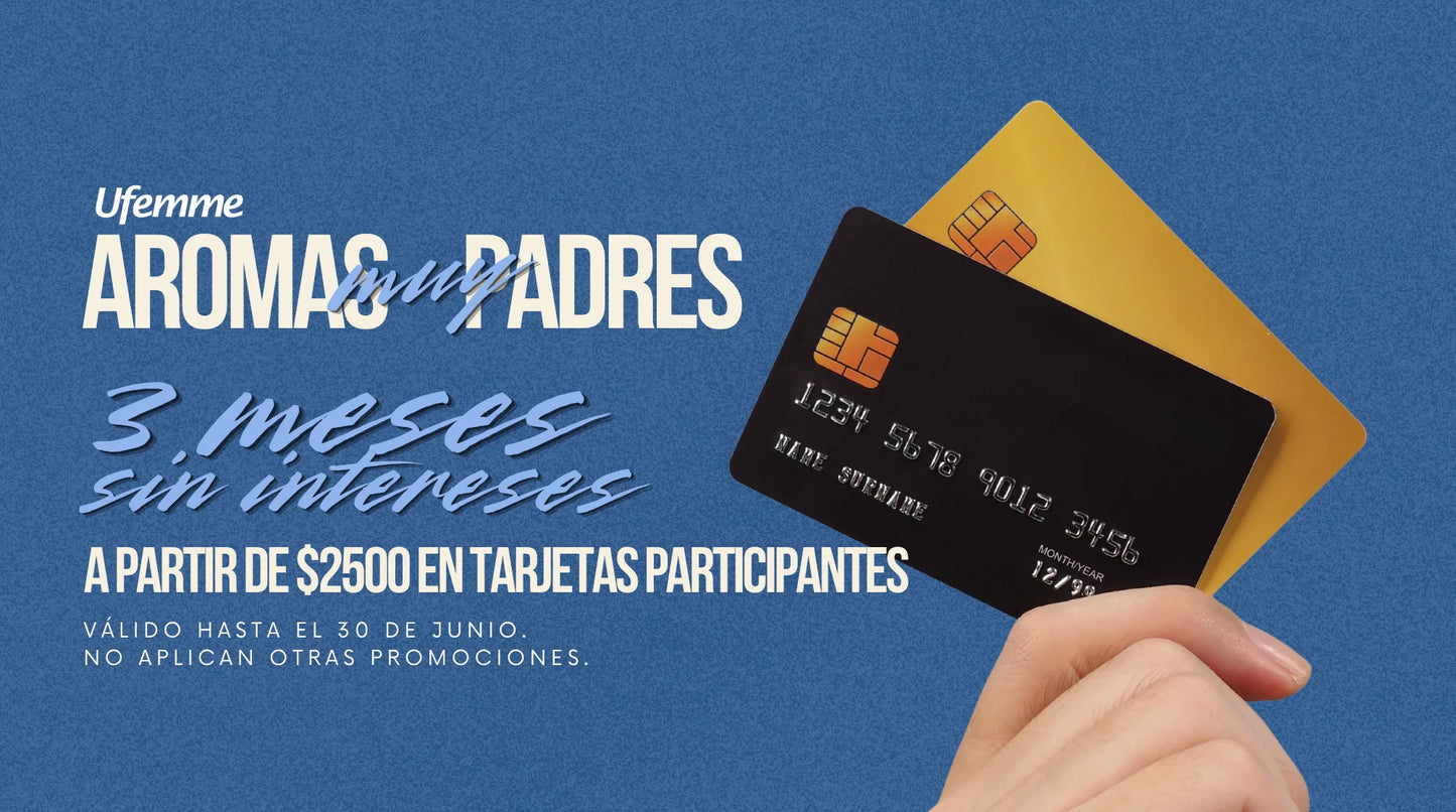 Mano sosteniendo tarjetas de crédito para promoción de 3 meses sin intereses en perfumes originales a partir de 2500 pesos.