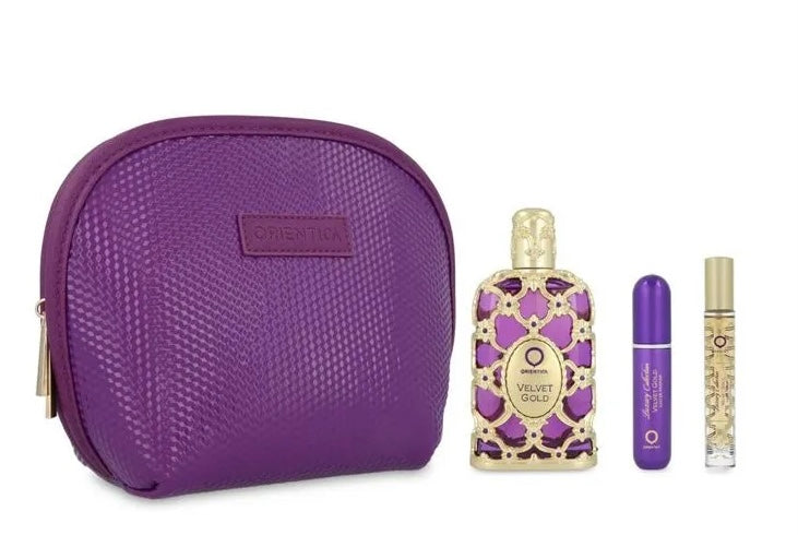 Set Orientica Velvet Gold (perfume 80 ml + mini 10 ml + perfumero + cosmetiquera)