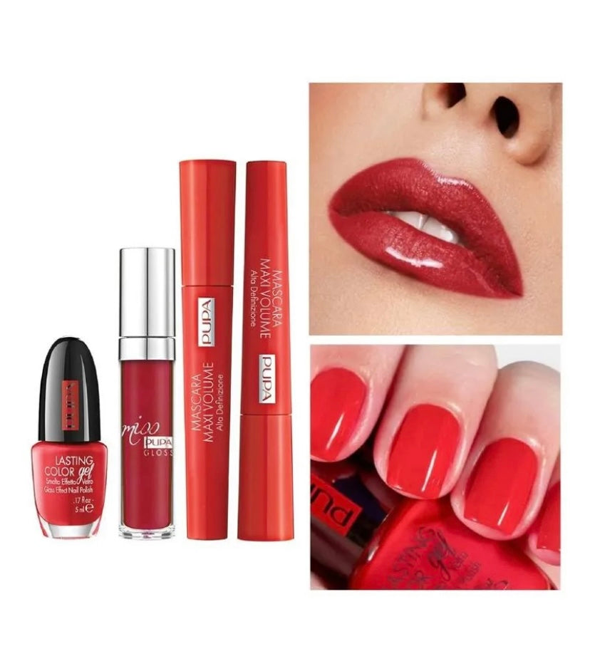 Pupa Red Obssesion (mascara maxi volumen + brillo labial + esmalte de uñas) mujer