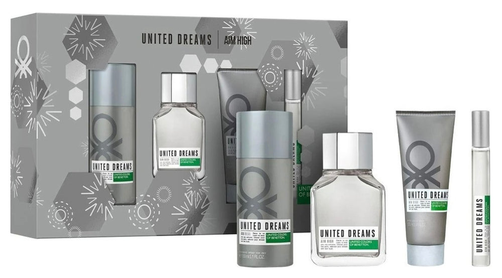 Set Benetton United Dreams Aim High (perfume 100 ml + mini 10 ml + after shave 75 ml + body spray 150 ml) hombre