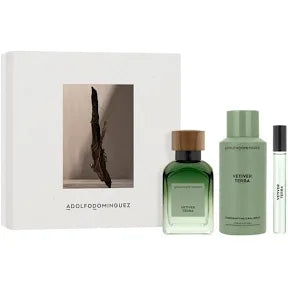 Set Adolfo Dominguez Vetiver Terra (perfume 120 ml + mini 10 ml + body spray 150 ml) hombre