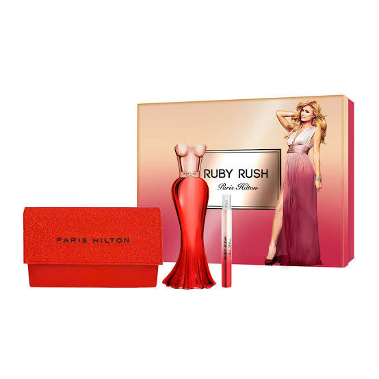 Set Paris Hilton Ruby Rush (perfume 100 ml + mini 10 ml + cartera) mujer