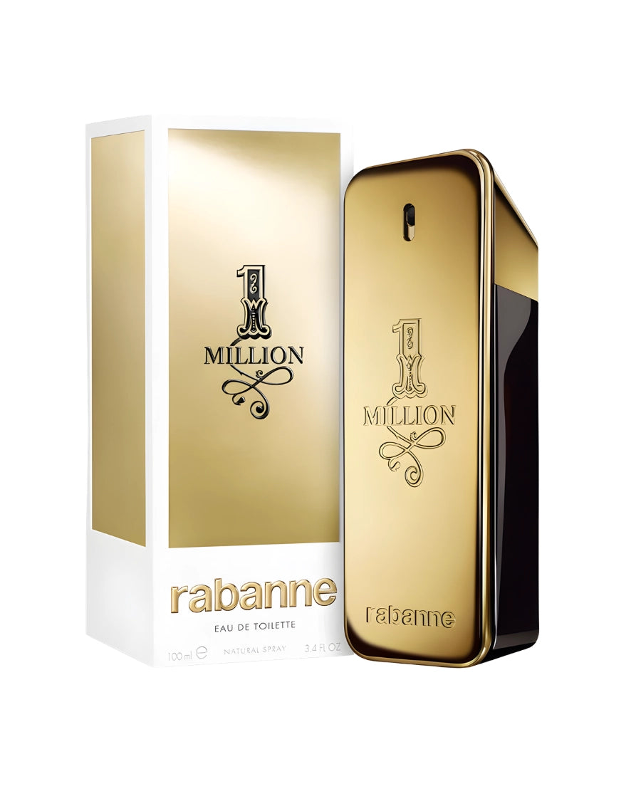 Perfume Paco Rabanne 1 Million de 100 ml con frasco en forma de lingote de oro y caja dorada y blanca.