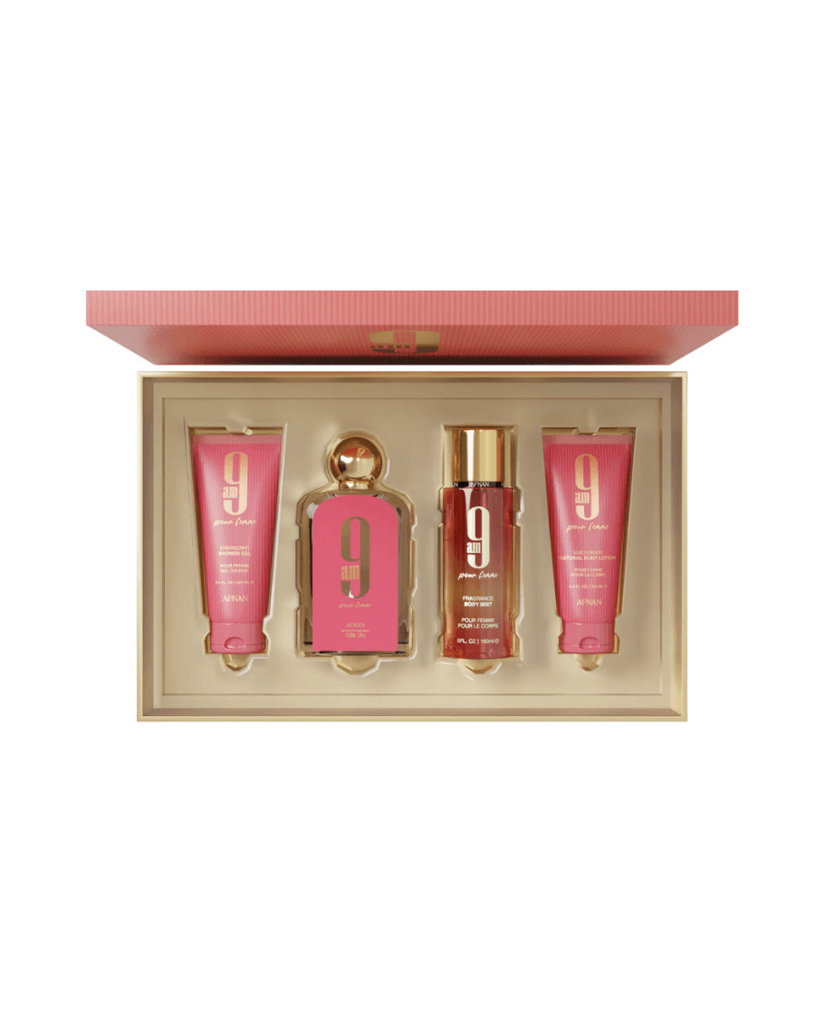 Set Afnan 9 AM Pour Femme (EDP 100 ML + Gel de ducha 100 ML + Body mist 150 ML + Body Lotion 100 ML) Mujer