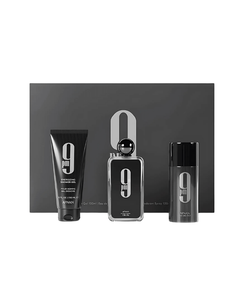 Set Afnan 9 PM Homme (edp 100 ml + Gel de baño 150 ml + Body spray 150 ml) Hombre
