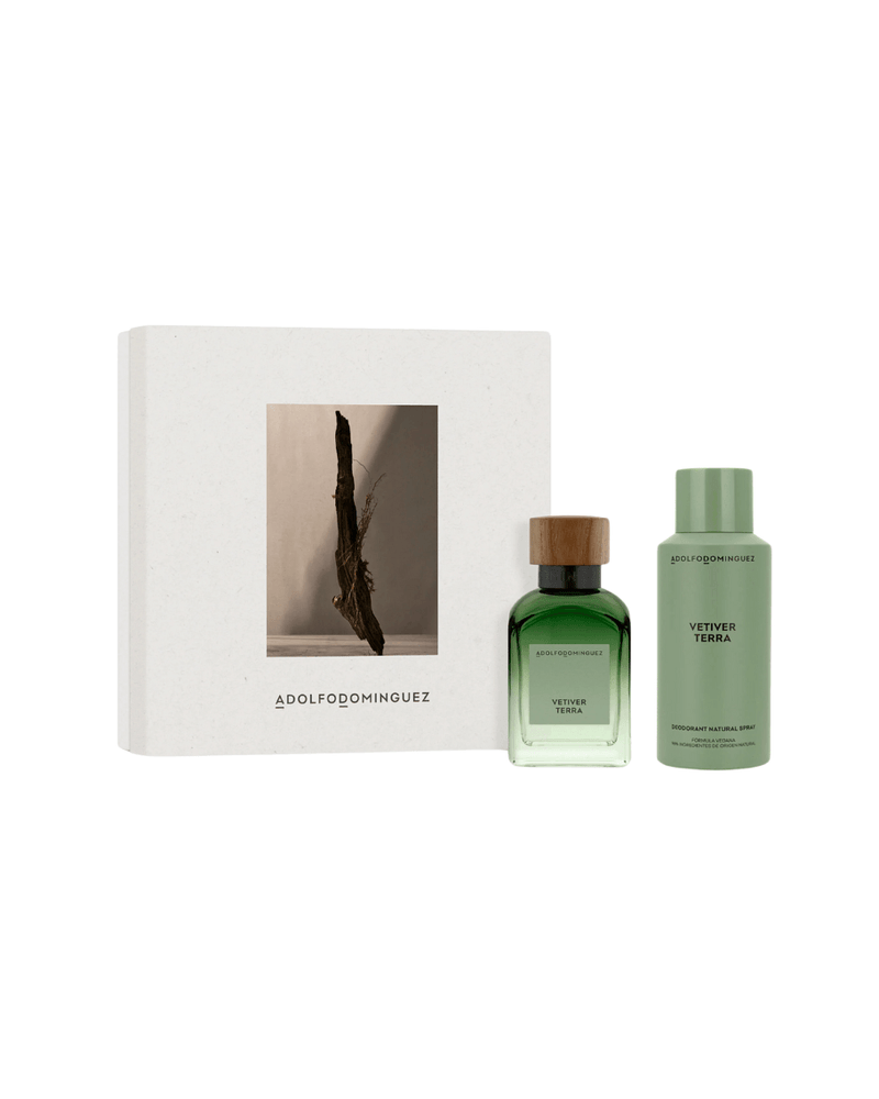 Set Adolfo Dominguez Vetiver Terra (perfume 120 ml + mini 10 ml + body spray 150 ml) hombre