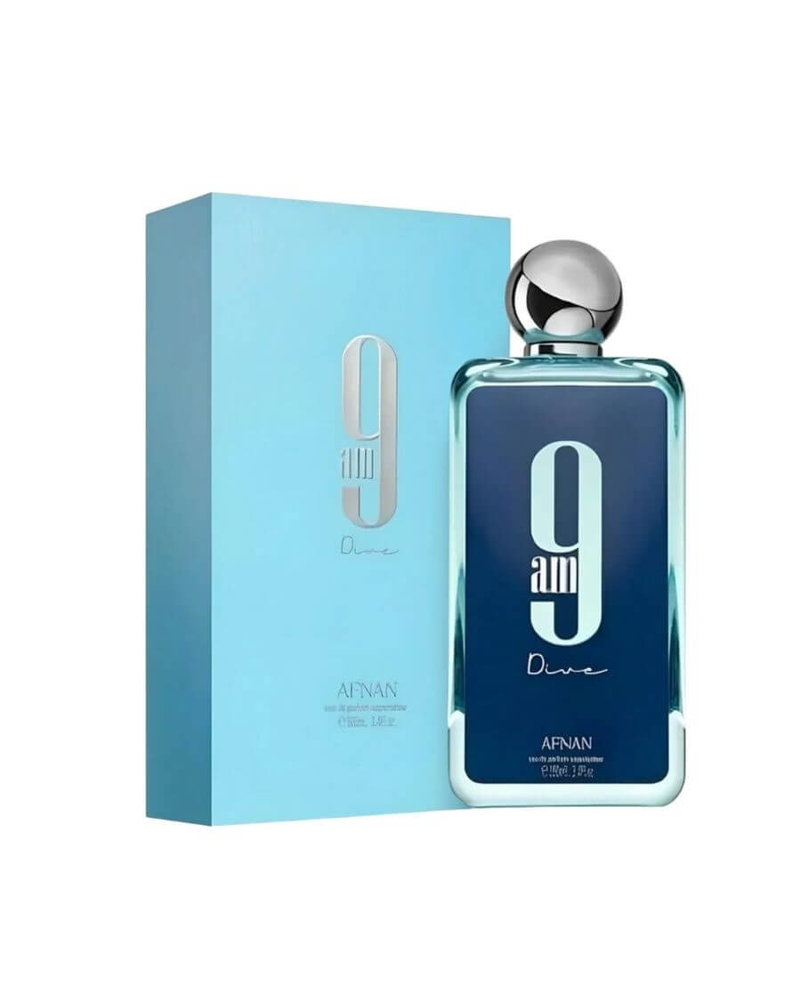 Perfume Afnan 9 AM Dive 100 ml EDP en frasco azul marino y celeste con tapa plateada.