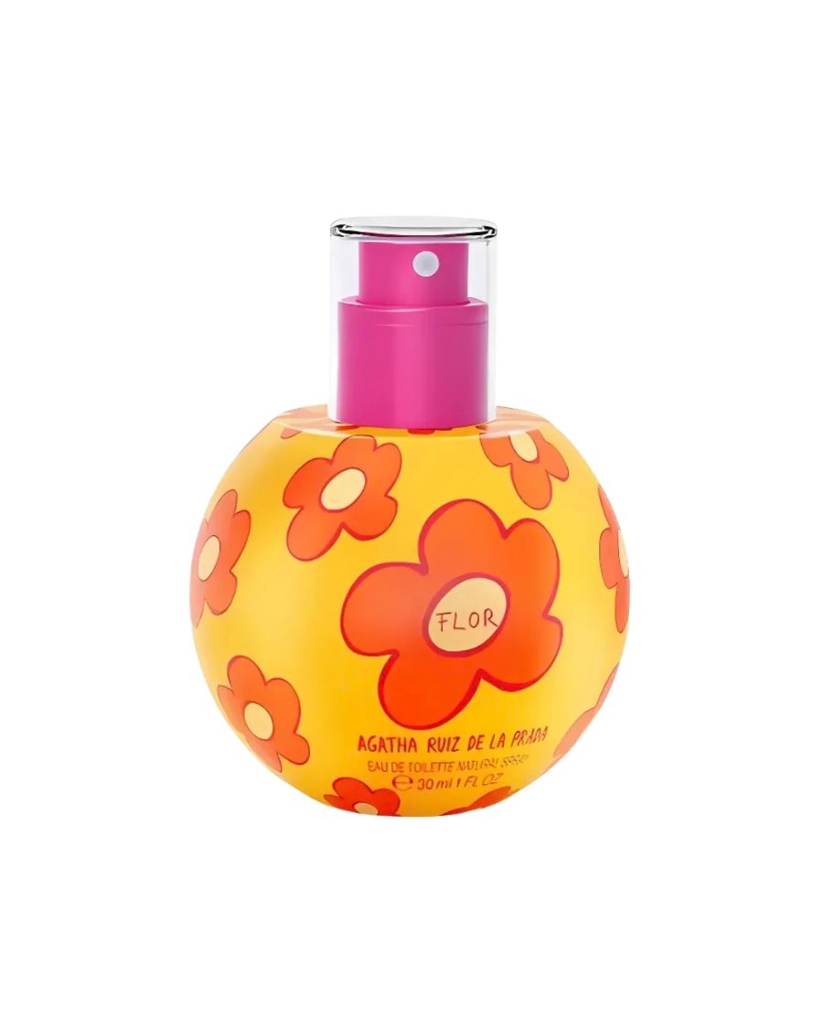 Perfume Agatha Ruiz de la Prada Flor 30 ml EDT en frasco con forma de esfera color amarillo y naranja y tapón rosa.