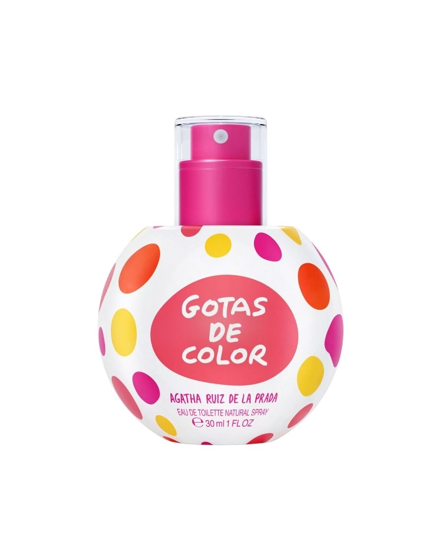 Perfume Agatha Ruiz de la Prada Gotas de Color 30 ml EDT en frasco con forma de esfera decorado con gotas multicolores y tapón fucsia.