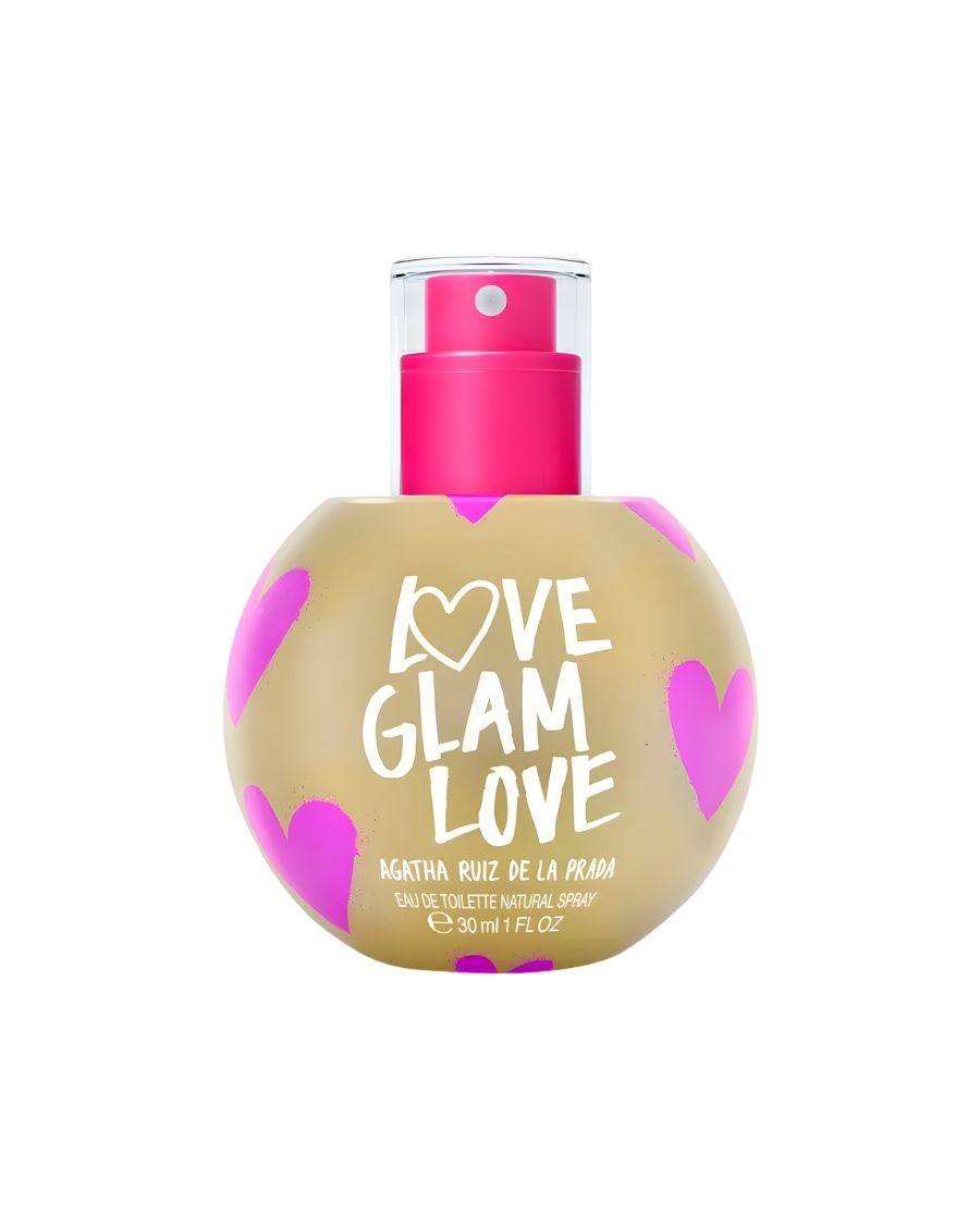 Perfume Agatha Ruiz de la Prada Love Glam Love 30 ml EDT en frasco con forma de esfera amarillo metalizado, corazones y tapón rosa.