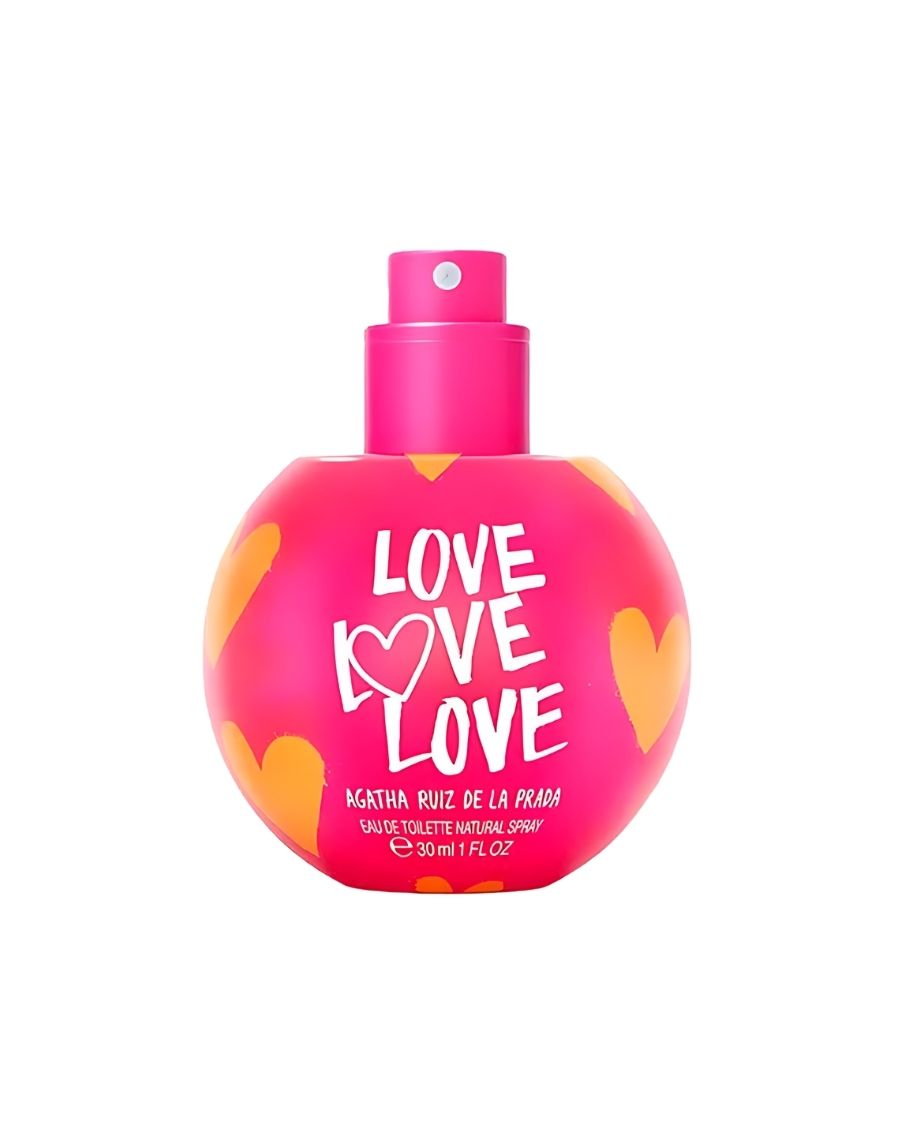 Perfume Agatha Ruiz de la Prada Love Love Love 30 ml EDT en frasco rosa con forma de esfera, llena de corazones naranja y tapón fucsia