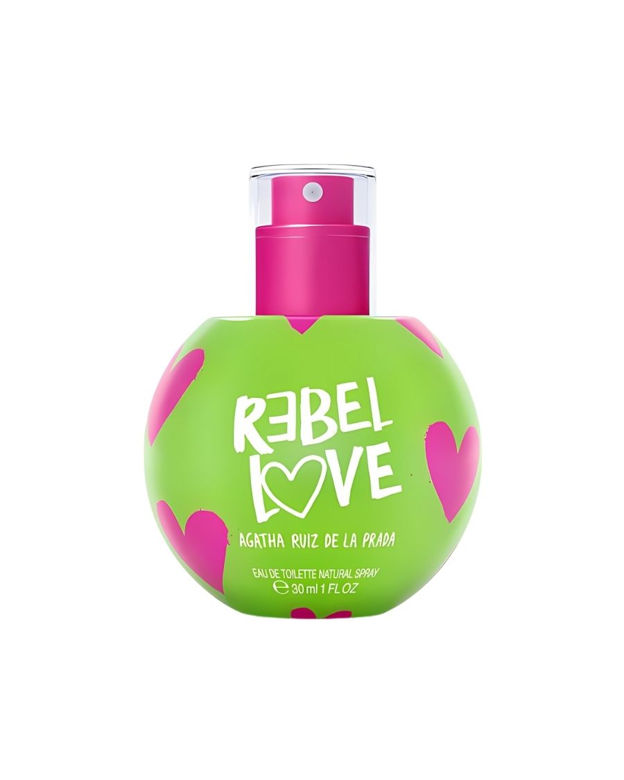Perfume Agatha Ruiz de la Prada Rebel Love 30 ml EDT en frasco verde en forma de esfera verde, corazones fucsia y tapón fucsia.