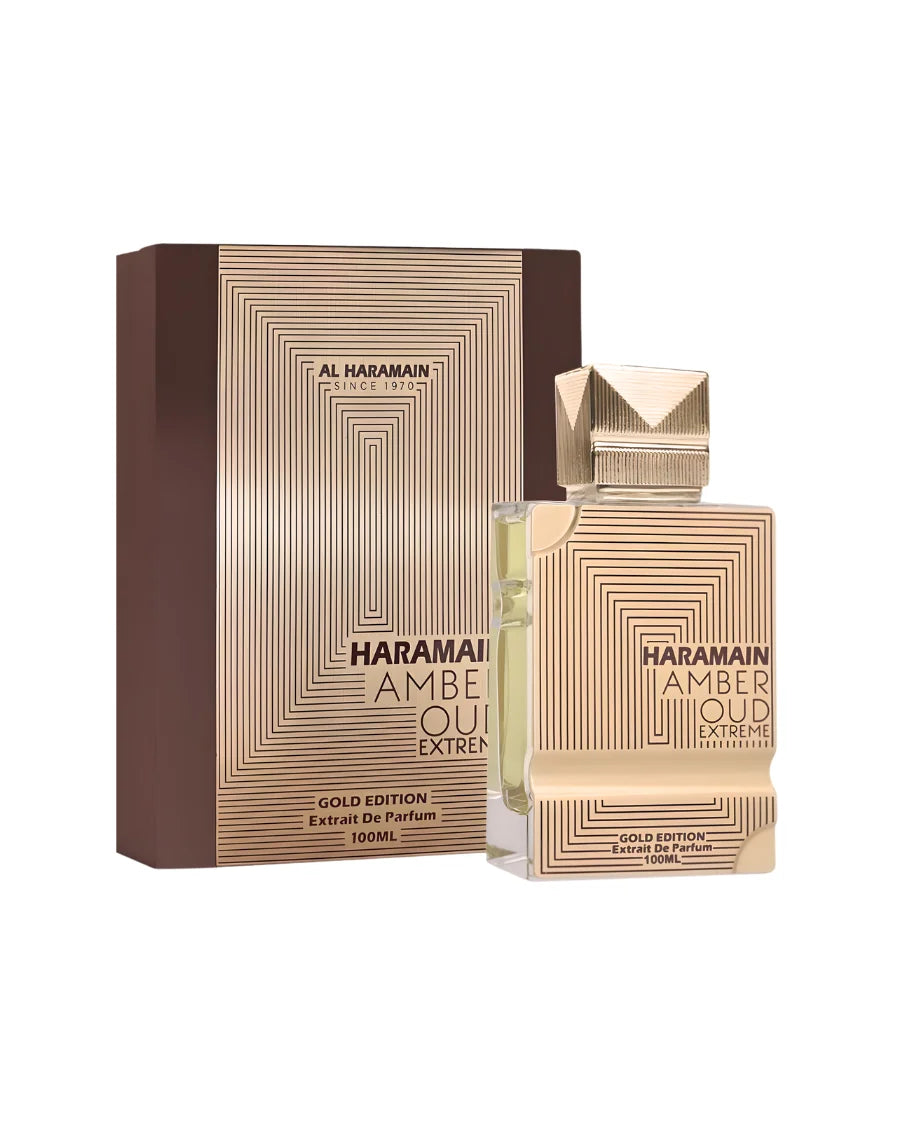 Perfume Al Haramain Amber Oud Extreme Gold Edition 100 ml, frasco metálico dorado de lujo en estuche premium.