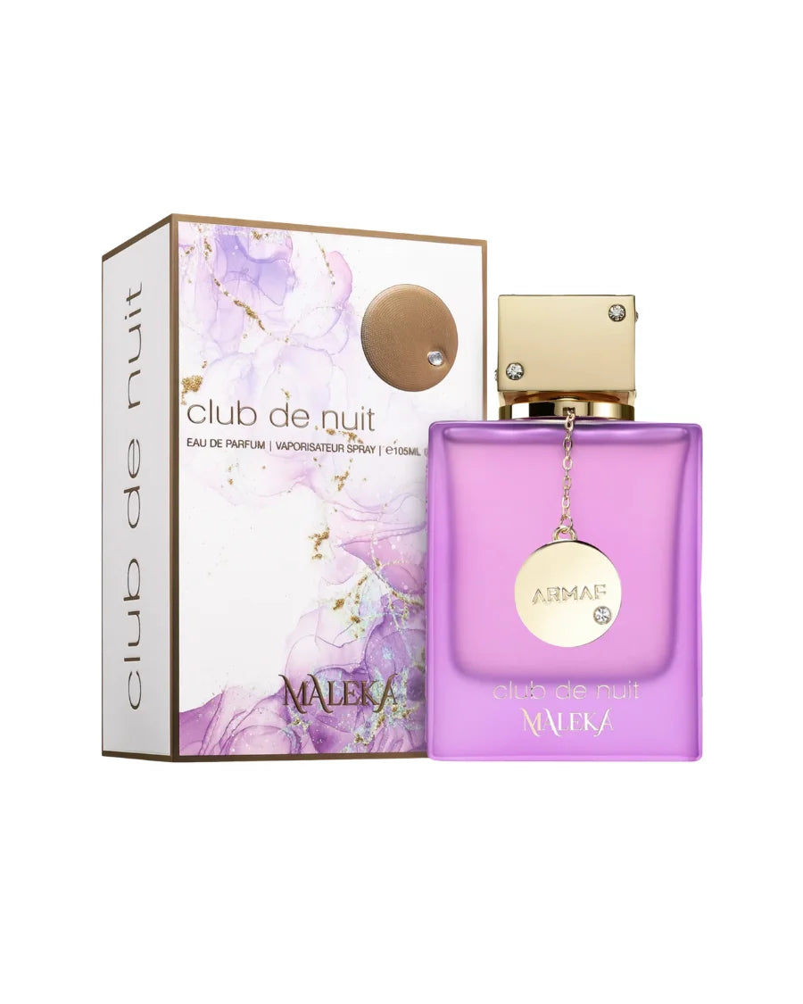 Perfume Armaf Club De Nuit Maleka de 105 ml con frasco cuadrado oro rosa, dije de cristal y caja premium a juego.