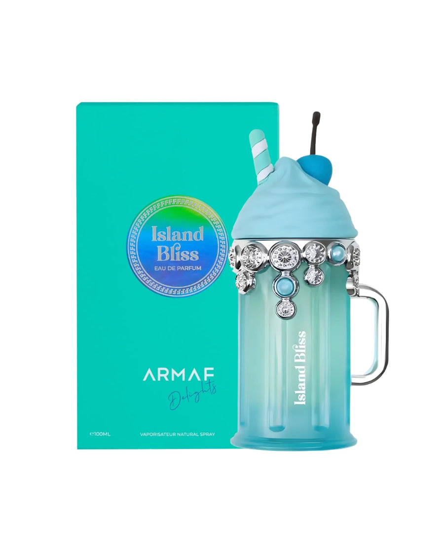 Perfume Armaf Island Bliss de 100 ml con frasco en forma de batido azul turquesa, tapa de crema con cereza y caja a juego.