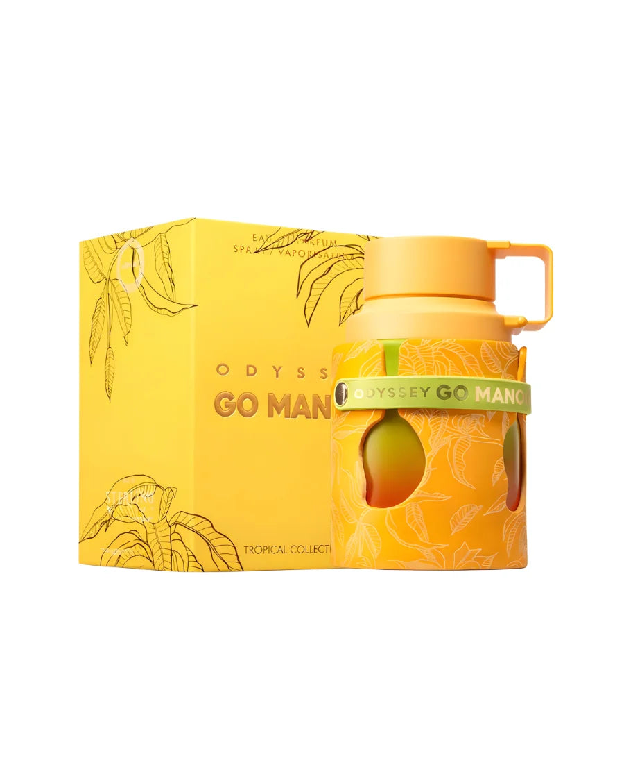 Perfume Armaf Odyssey Go Mango de 100 ml con frasco amarillo estilo termo, detalles de hojas y caja amarilla tropical.