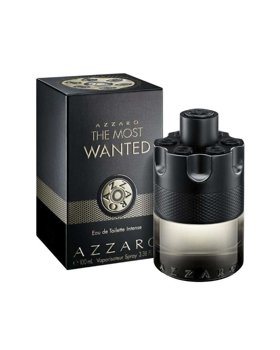 Perfume Azzaro The Most Wanted EDT Intense 100 ml en frasco negro con diseño de tambor de revólver para hombre.