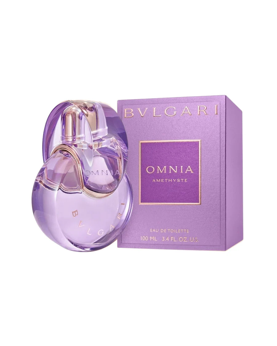 Perfume Bvlgari Omnia Amethyste de 100 ml con frasco circular entrelazado color púrpura y caja lila a juego.