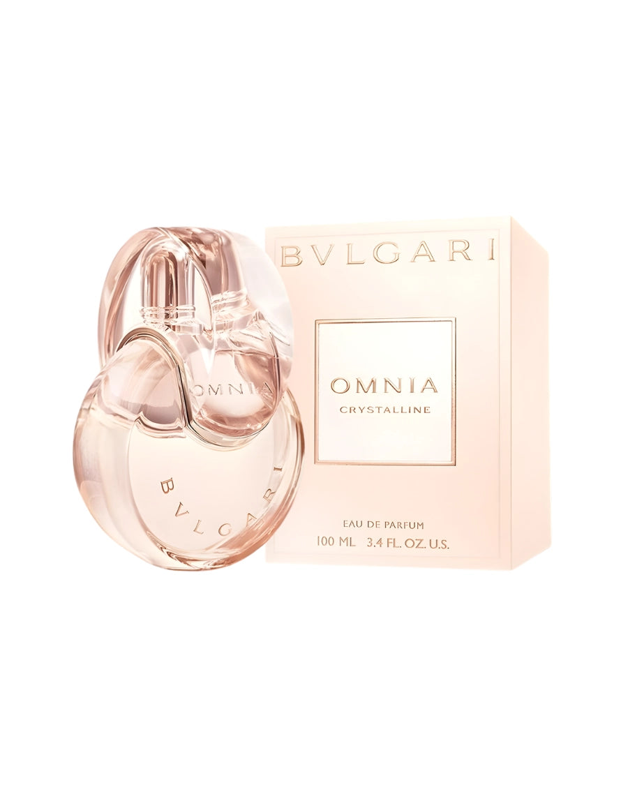 Perfume Bvlgari Omnia Crystalline Eau de Parfum de 100 ml con frasco entrelazado cristalino y caja rosa pálido.
