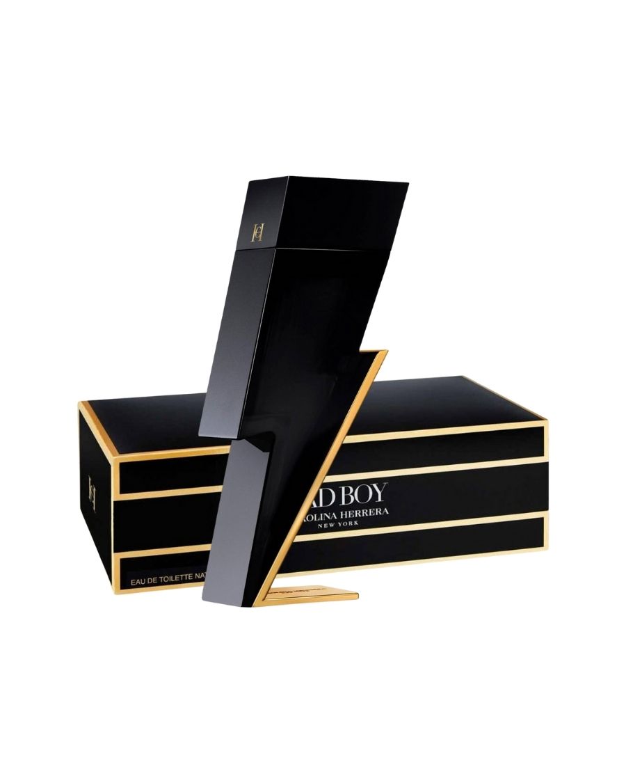 Perfume Carolina Herrera Bad Boy 150 ml EDT en frasco con forma de rayo negro brillante y base dorada