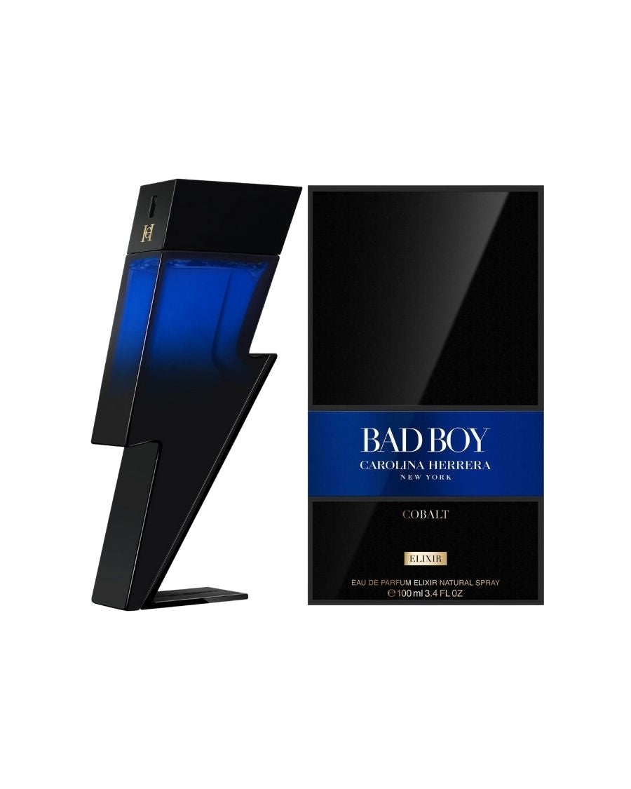 Perfume Carolina Herrera Bad Boy Cobalt Elixir 100 ml EDP en frasco con forma de rayo azul degradado oscuro y base negra.