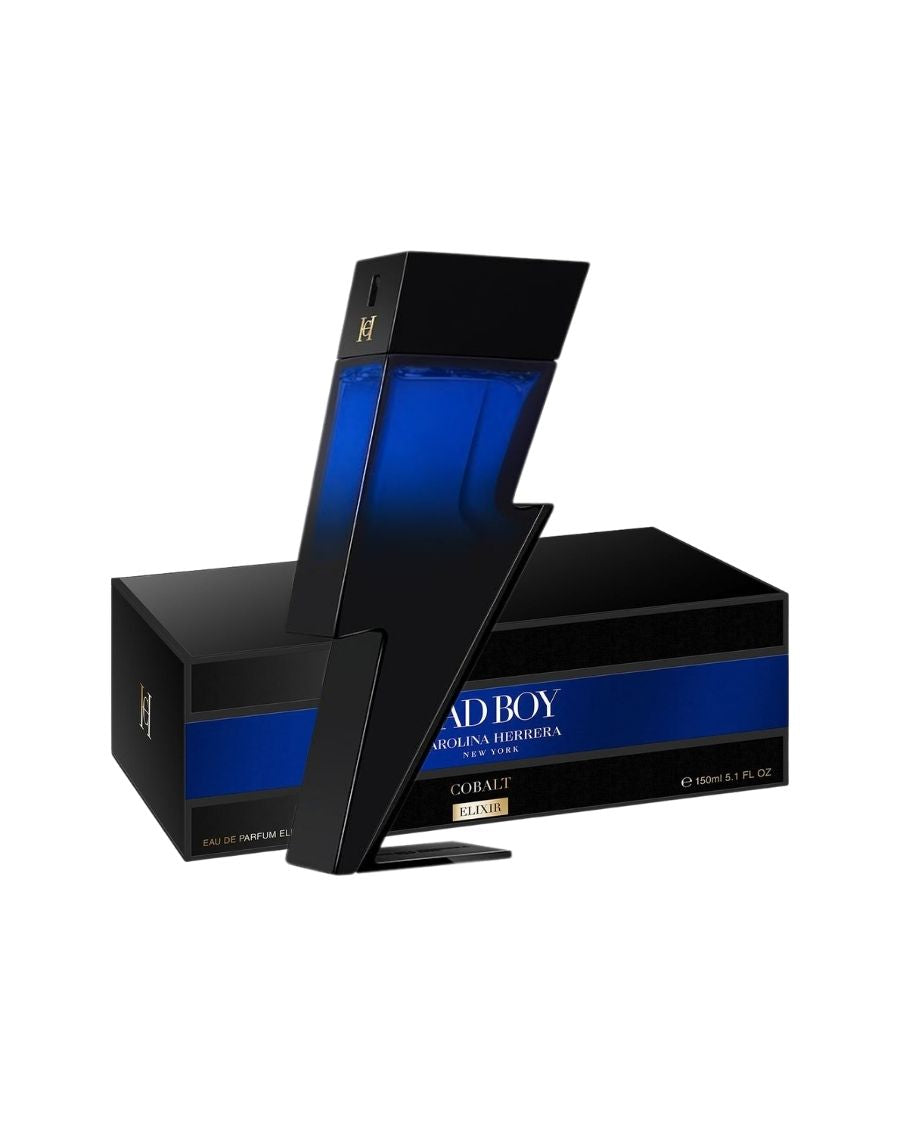 Perfume Carolina Herrera Bad Boy Cobalt Elixir 150 ml EDP en frasco con forma de rayo azul degradado y base negra.