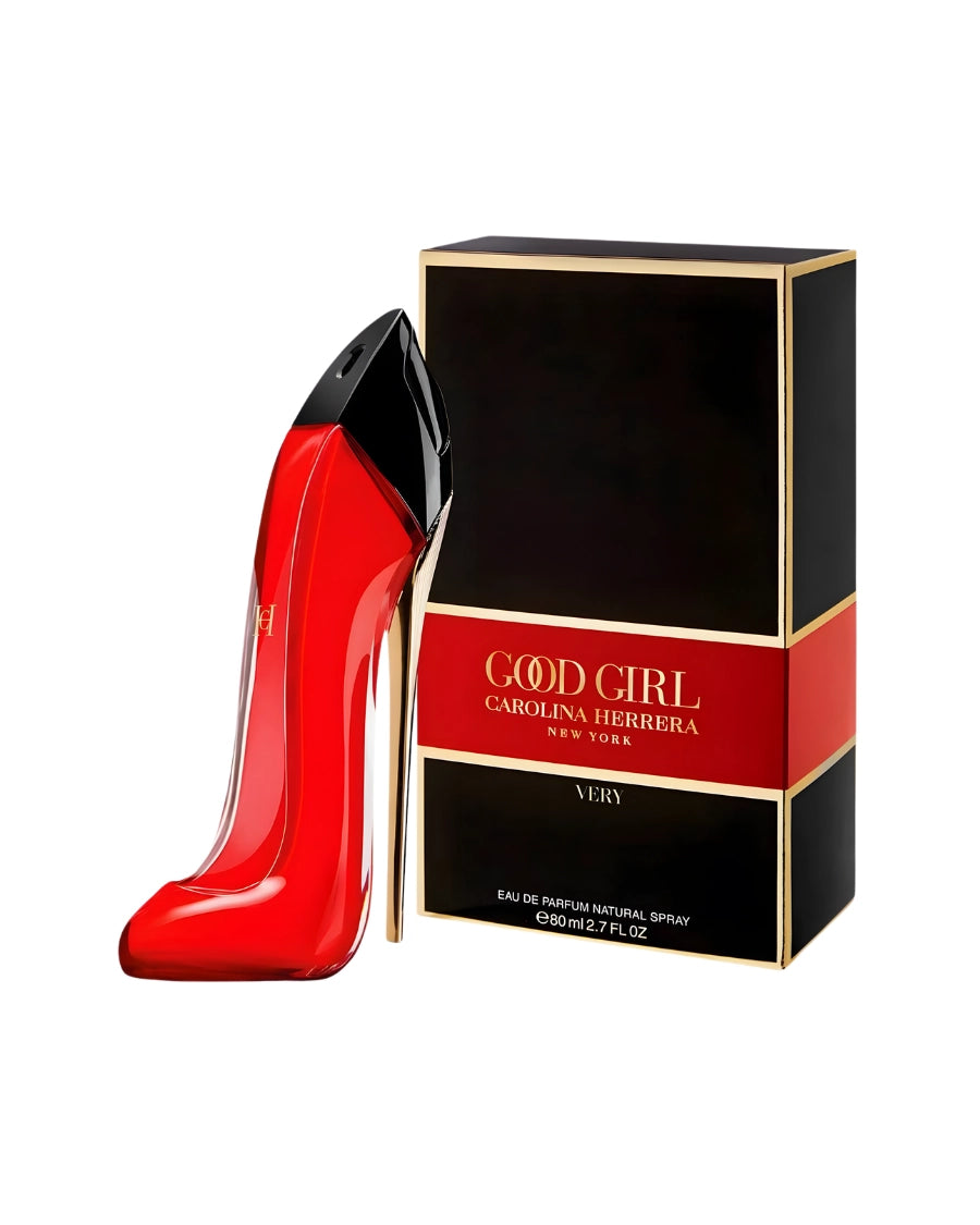 Perfume Very Good Girl de Carolina Herrera de 80 ml con frasco de tacón rojo brillante y caja negra con rojo.