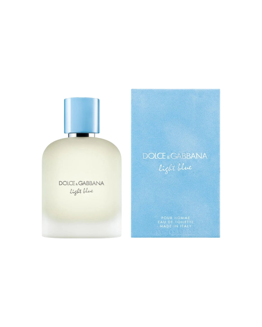 Perfume Dolce & Gabbana Light Blue Pour Homme de 100 ml con frasco de vidrio esmerilado y tapón azul cielo.