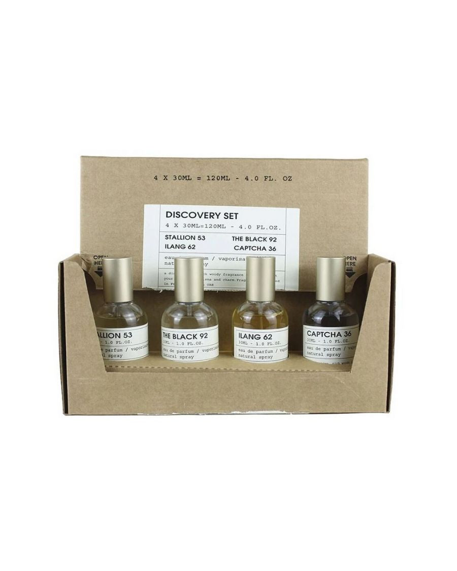 Set Discovery Emper con 4 fragancias de 30 ml en frascos de estilo boticario y caja de cartón kraft natural.
