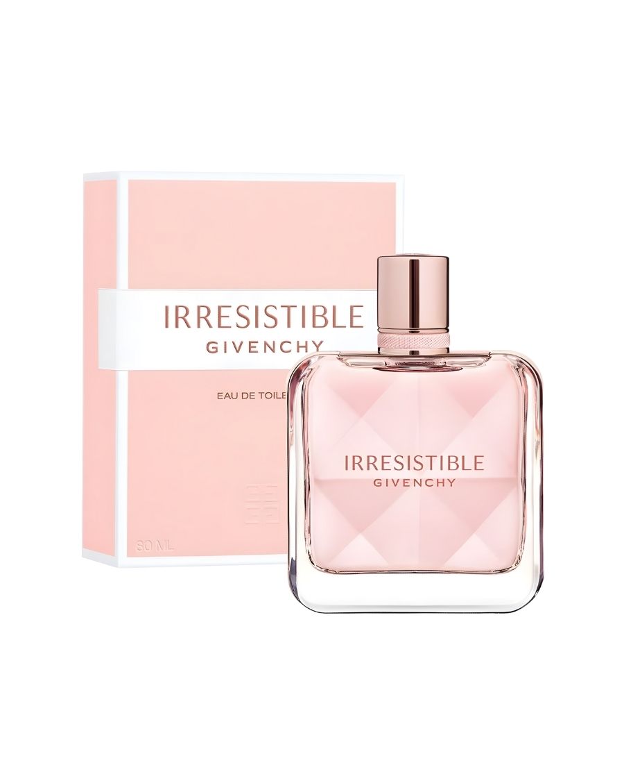 Perfume Givenchy Irresistible 80 ml EDT en frasco de vidrio facetado con textura de prismas rosa.