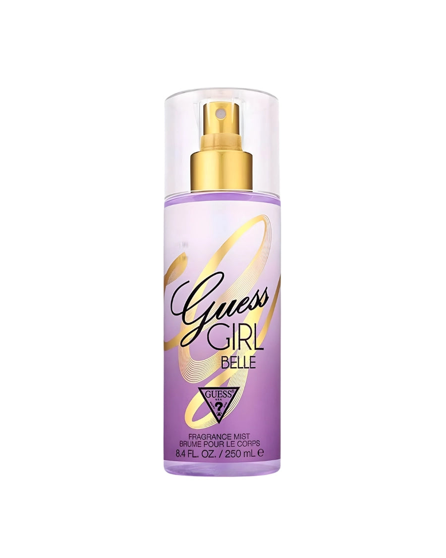 Body Mist Guess Girl Belle 250 ml en envase cilíndrico color púrpura vibrante con detalles dorados y logotipo de Guess.