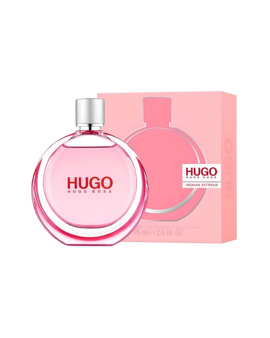 Perfume Hugo Boss Hugo Woman Extreme 75 ml EDP en frasco circular tipo cantimplora con líquido rosa intenso y tapón plateado