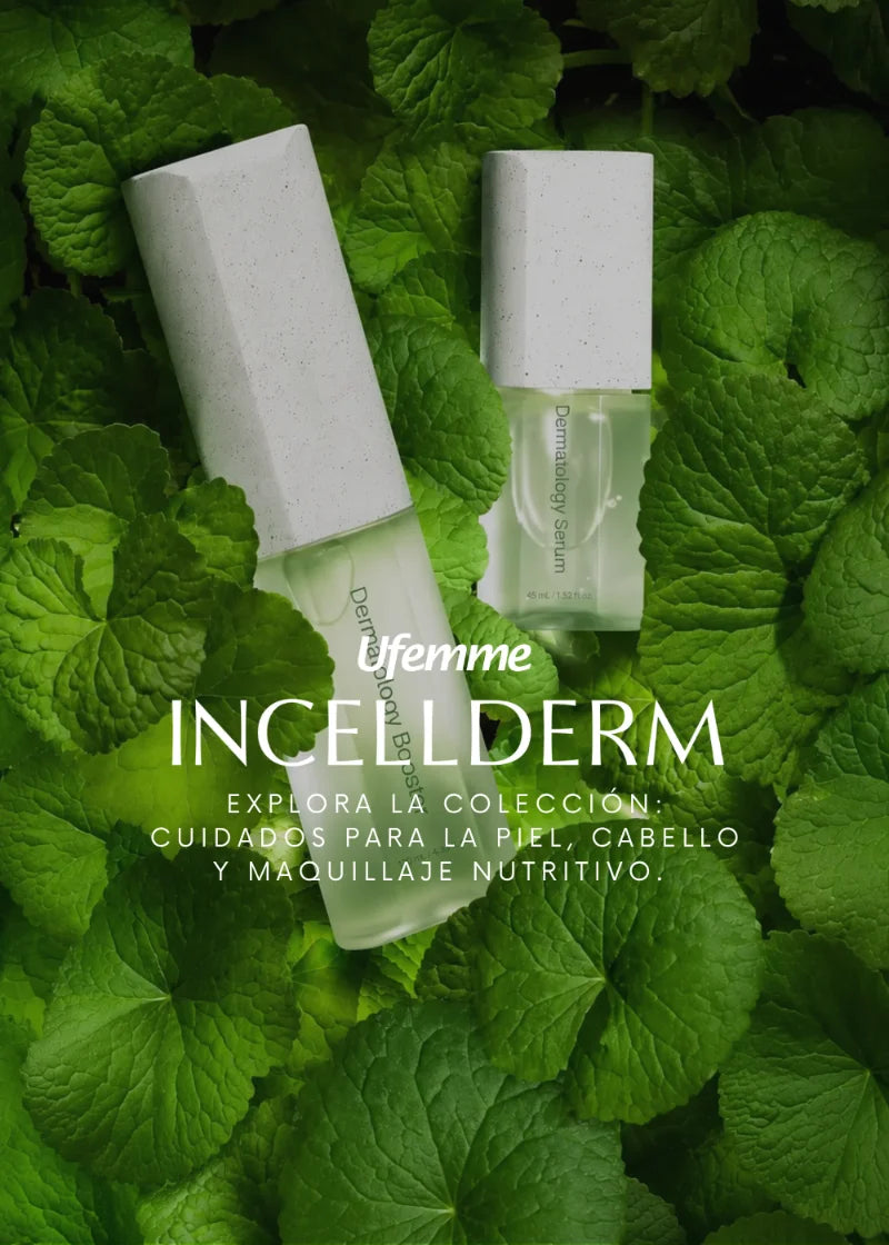 Banner móvil Incellderm en UFEMME con productos de cuidado facial sobre follaje verde de centella asiática.