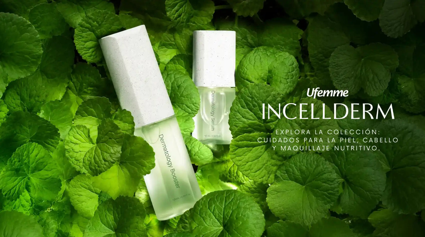Banner de Incellderm en UFEMME con productos de cuidado facial sobre fondo de hojas verdes de centella asiática.