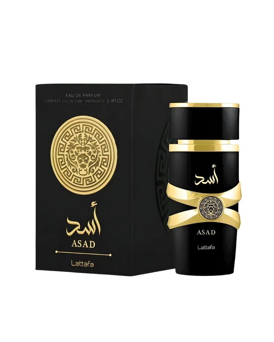Perfume árabe Lattafa Asad 100 ml EDP en frasco negro con detalles de anillos dorados, relieves y escudo central."