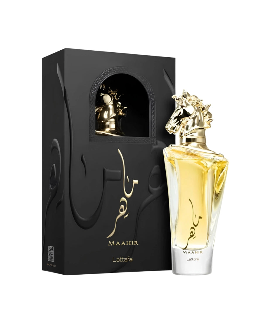 Perfume Lattafa Maahir de 100 ml eau de parfum con su elegante botella y tapón dorado de cabeza de caballo y su caja negra