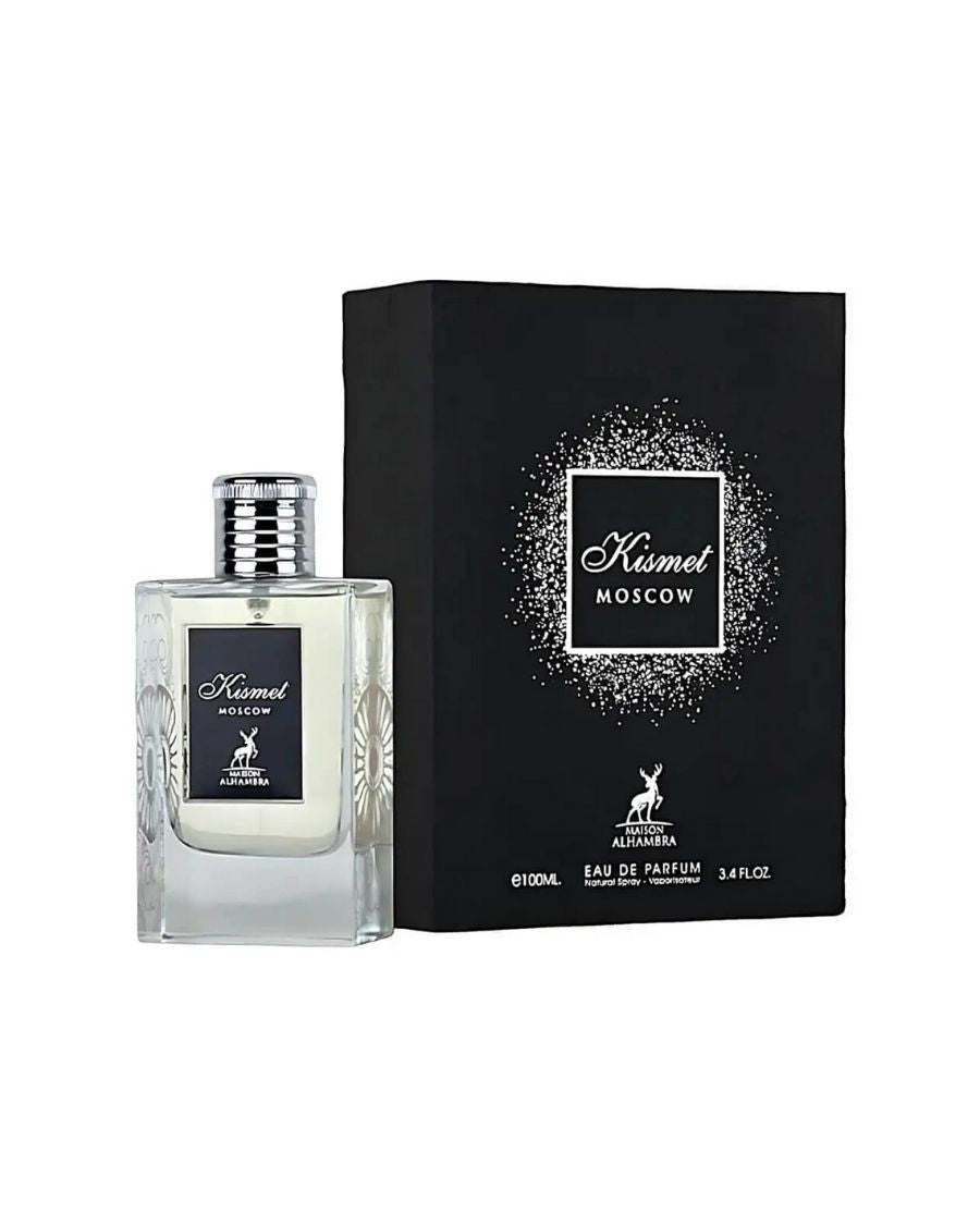 Perfume Maison Alhambra Kismet Moscow 100 ml EDP en frasco de vidrio y caja negra con detalles plateados.