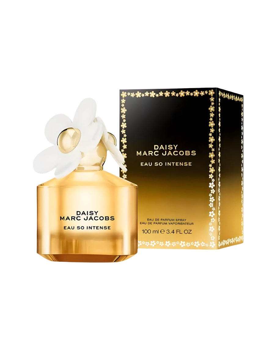 Perfume Marc Jacobs Daisy Eau So Intense 100 ml EDP en botella con tapa de margaritas doradas y degradado ámbar.