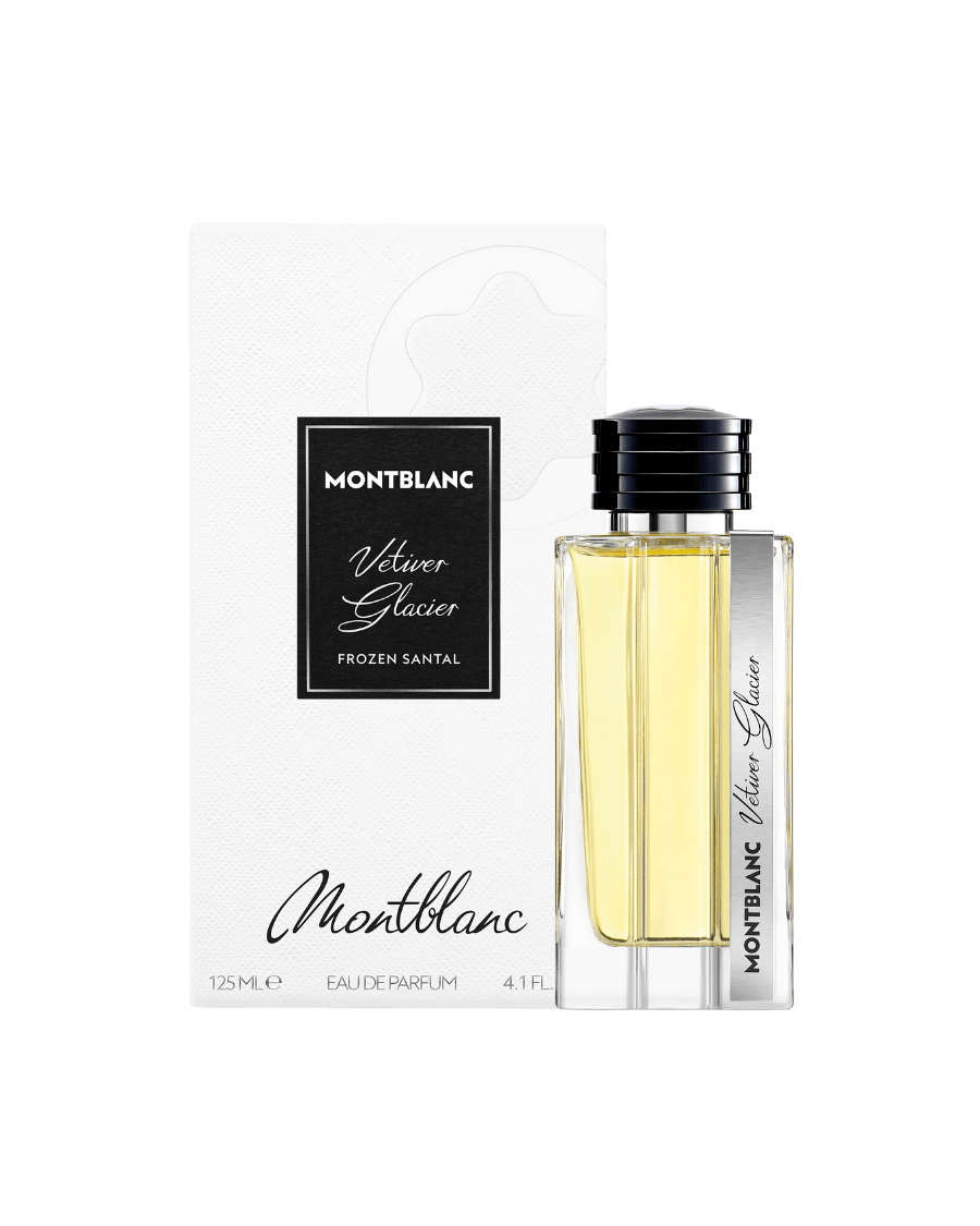 Perfume Montblanc Vetiver Glacier 125 ml Eau de Parfum en frasco cilíndrico de vidrio pesado con tapón negro texturizado.