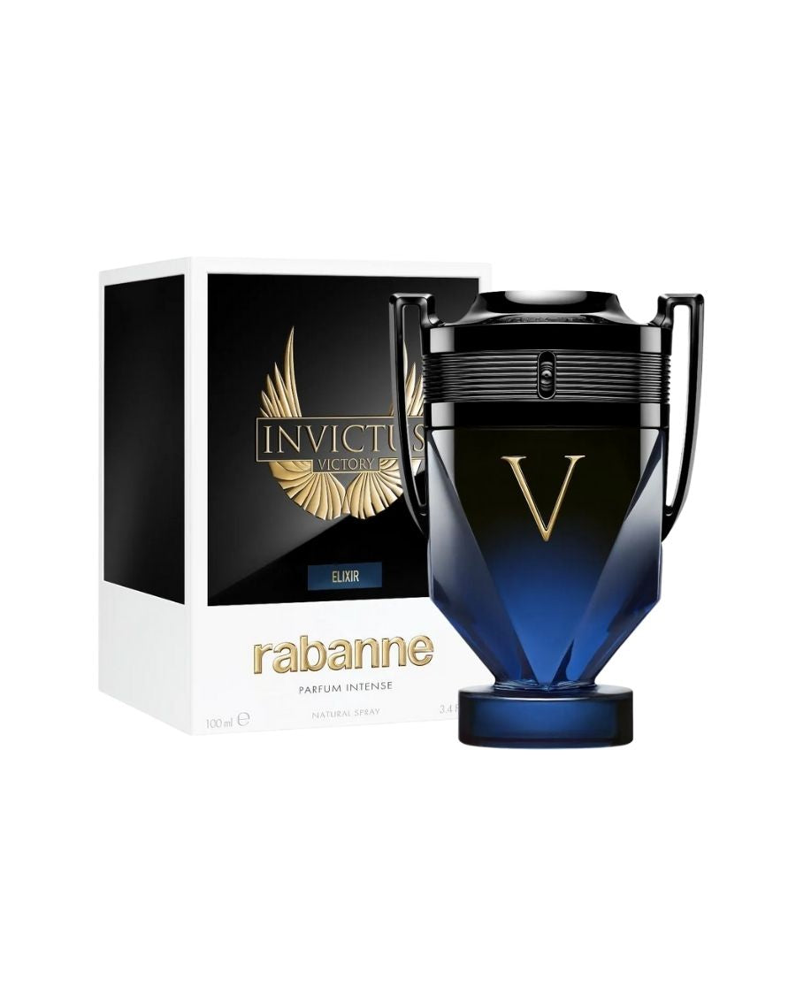 Perfume Paco Rabanne Invictus Victory Elixir 100 ml EDP en frasco de trofeo degradado oscuro y logo dorado.