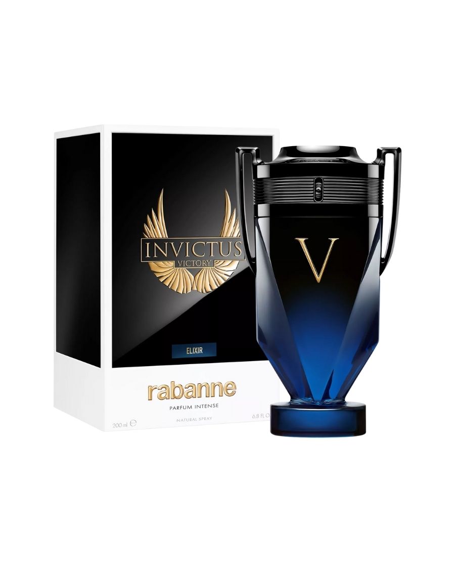 Perfume Paco Rabanne Invictus Victory Elixir 200 ml EDP, frasco de trofeo oscuro en formato grande para hombre.