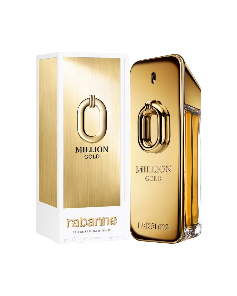 Perfume Million Gold de Paco Rabanne de 200 ml con frasco de lingote dorado, eslabón XL de cristal y caja blanca con detalles oro.