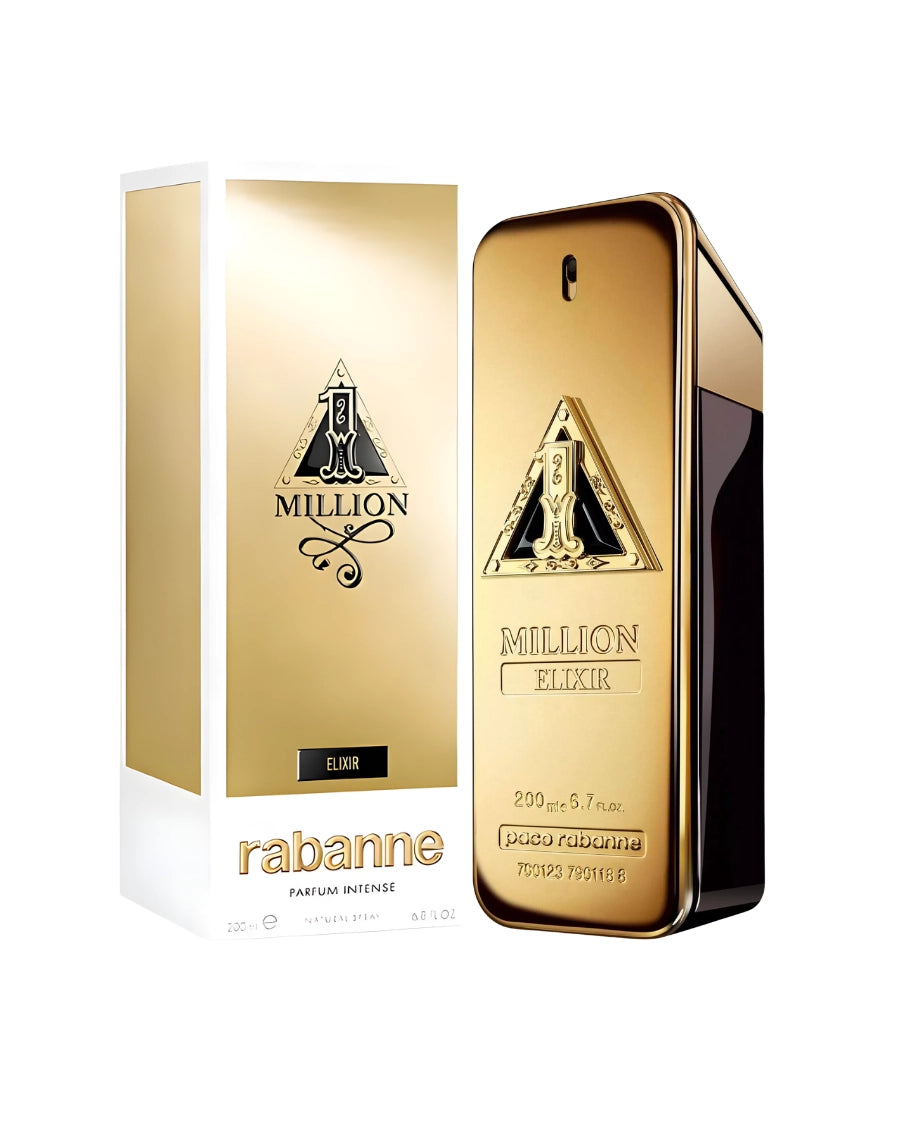 Perfume Paco Rabanne One Million Elixir de 200 ml con frasco de lingote de oro y triángulo negro central.