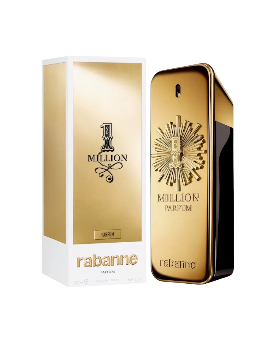 Perfume Paco Rabanne One Million Parfum de 100 ml con frasco de lingote de oro y emblema de sol radiante en relieve.