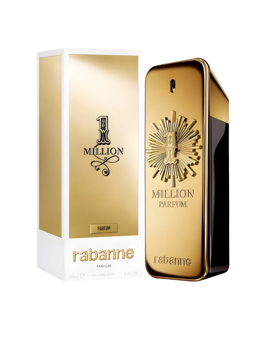 Perfume Paco Rabanne One Million Parfum de 200 ml con frasco de lingote de oro y emblema de sol radiante.