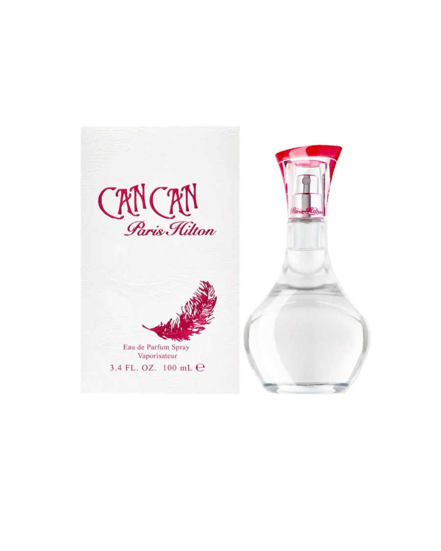 Perfume Can Can de Paris Hilton de 100 ml con frasco de cristal curvado, tapón fucsia y caja con pluma rosa.