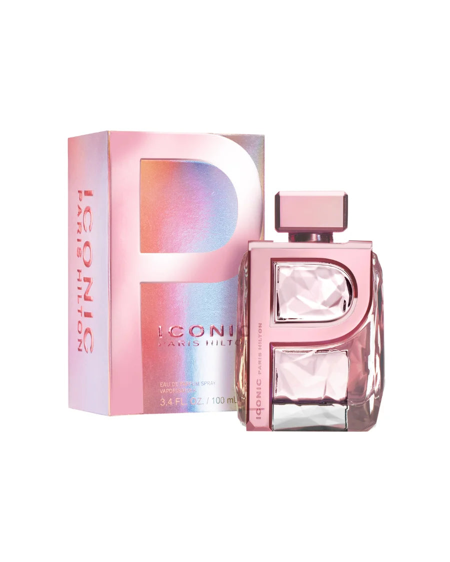 Perfume Paris Hilton Iconic de 100 ml con frasco de cristal tallado, tapón dorado y caja dorada brillante.