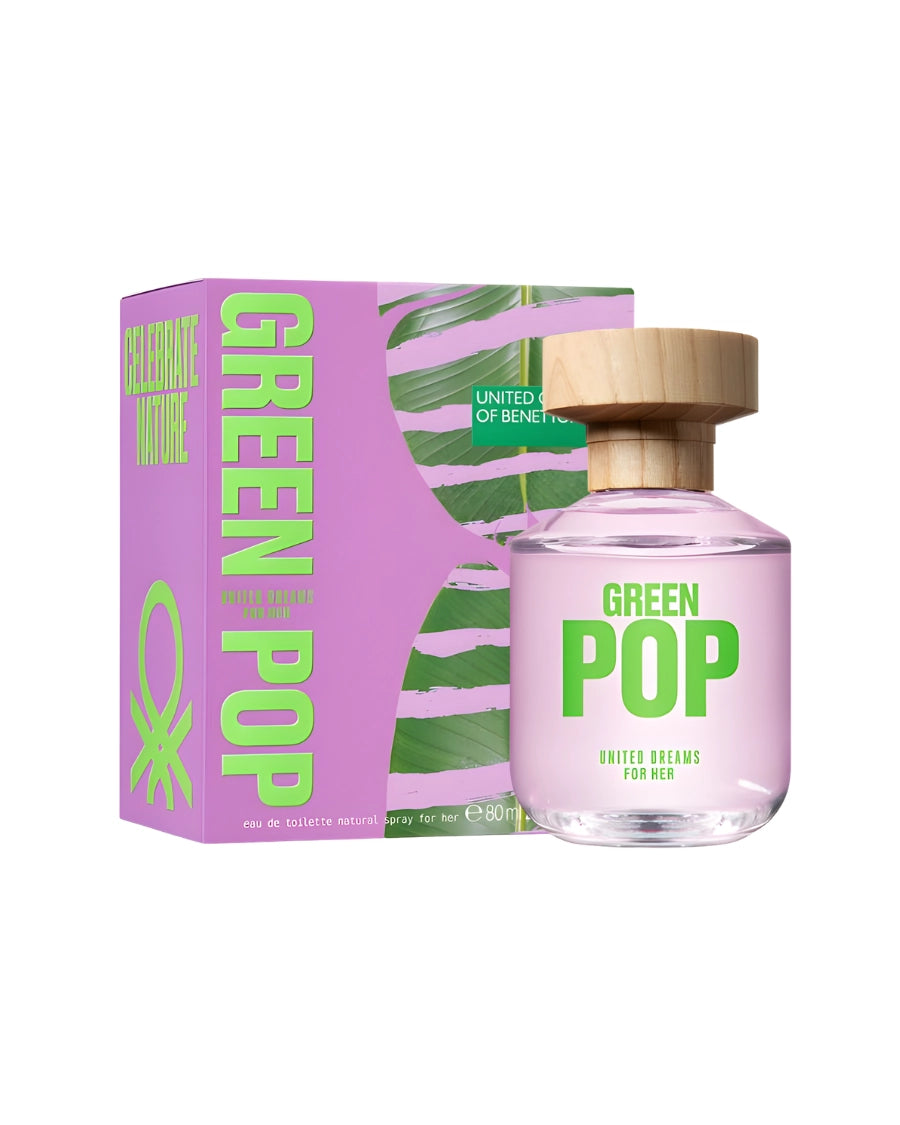 Perfume Benetton Green Pop For Her de 80 ml con tapa de madera y caja lila con diseño de hojas verdes.